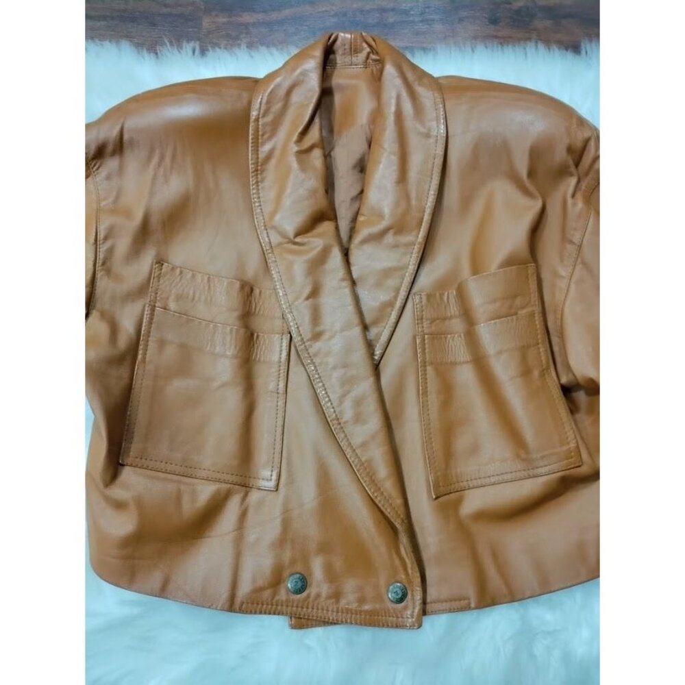 Santa Caterina Leather Long Sleeve Shawl Cropped Biker Jacket Tan Women's Size M - Picture 4 of 11